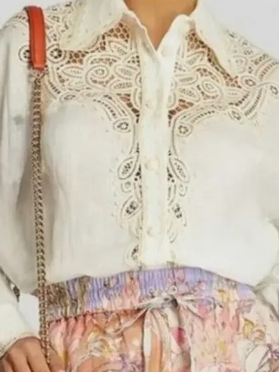 Caroline Constas Tops - NWT CAROLINE CONSTAS Battenburg Lace Linen Blend Button Down Shirt XL Ivory